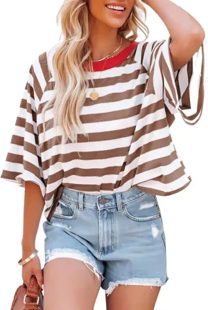 Dokotoo Tops for Women Striped 2025 Fashion T Shirts for Women Color Block Crewneck Design Loose Basic Tee