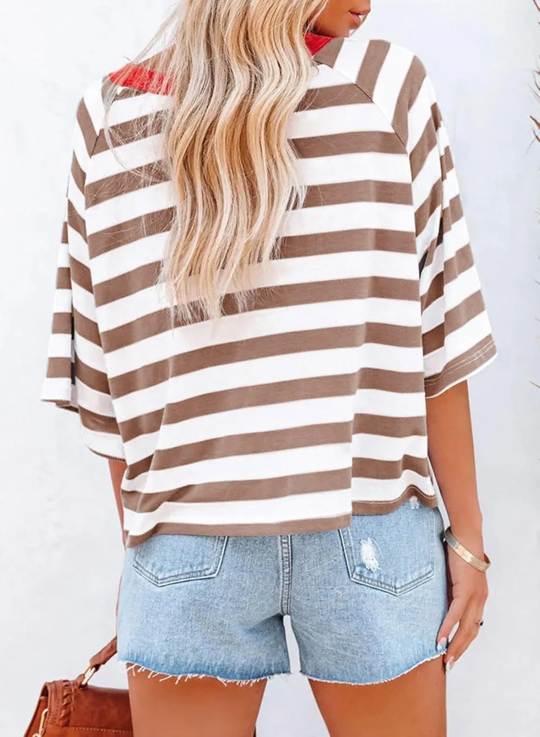 Dokotoo Tops for Women Striped 2025 Fashion T Shirts for Women Color Block Crewneck Design Loose Basic Tee