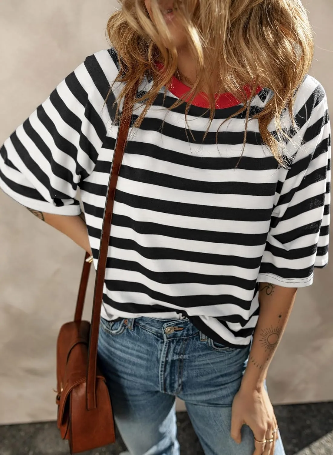 Dokotoo Tops for Women Striped 2025 Fashion T Shirts for Women Color Block Crewneck Design Loose Basic Tee