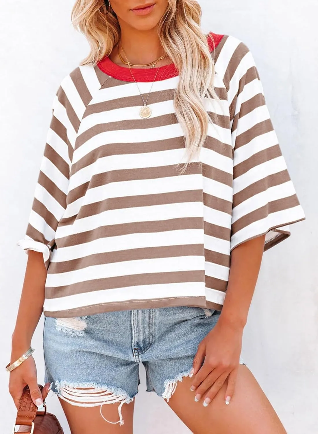 Dokotoo Tops for Women Striped 2025 Fashion T Shirts for Women Color Block Crewneck Design Loose Basic Tee