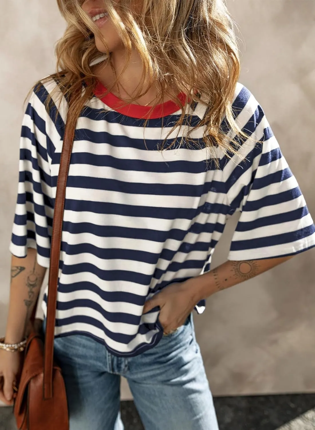 Dokotoo Tops for Women Striped 2025 Fashion T Shirts for Women Color Block Crewneck Design Loose Basic Tee