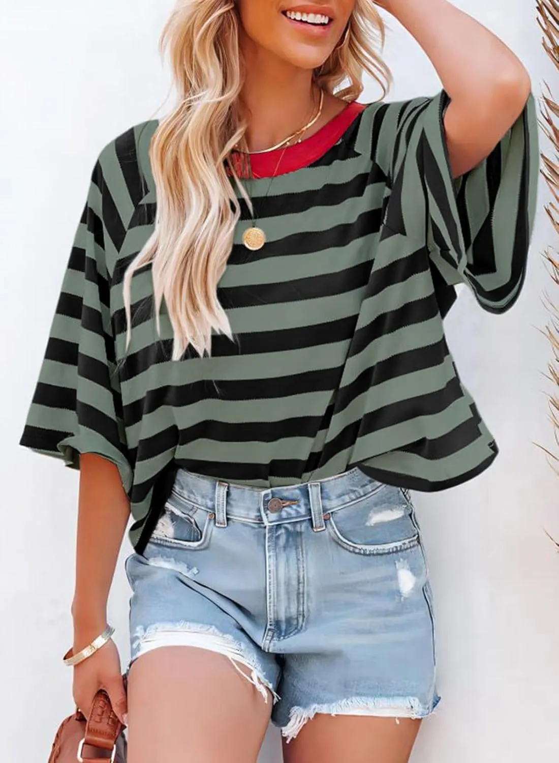 Dokotoo Tops for Women Striped 2025 Fashion T Shirts for Women Color Block Crewneck Design Loose Basic Tee