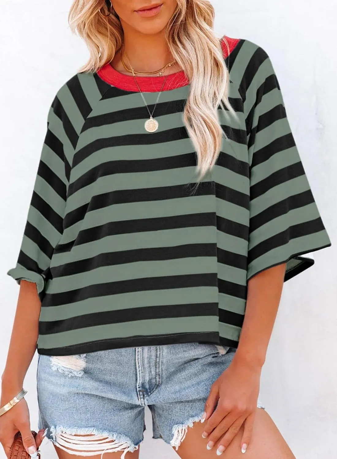 Dokotoo Tops for Women Striped 2025 Fashion T Shirts for Women Color Block Crewneck Design Loose Basic Tee