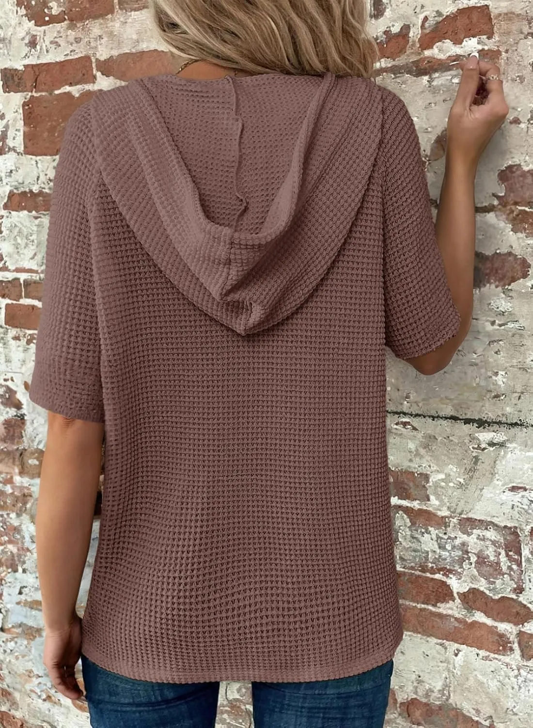 Dokotoo Womens Summer Tops Waffle Knit Short Sleeve Lightweight Drawstring Hoodies Button V Neck Casual Blouses Shirts