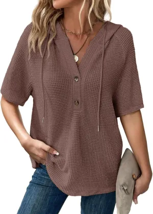 Dokotoo Womens Summer Tops Waffle Knit Short Sleeve Lightweight Drawstring Hoodies Button V Neck Casual Blouses Shirts