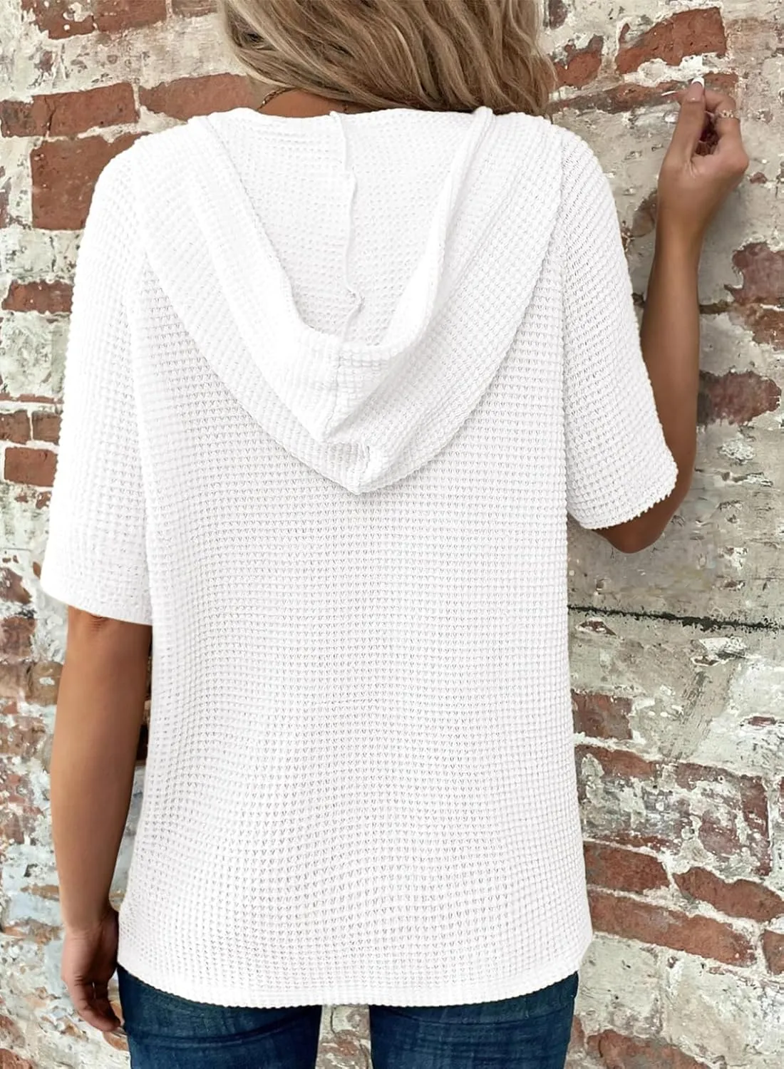 Dokotoo Womens Summer Waffle Knit Short Sleeve Tops Lightweight Drawstring Hoodies Button V Neck Casual Blouses Shirts