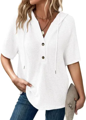 Dokotoo Womens Summer Waffle Knit Short Sleeve Tops Lightweight Drawstring Hoodies Button V Neck Casual Blouses Shirts