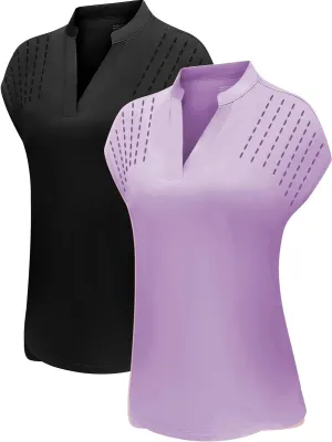 DOTIN Womens 2 Pack Golf Polo Shirts Short Sleeve V Neck Collared Quick Dry Tennis Sports Shirts Workout Tops