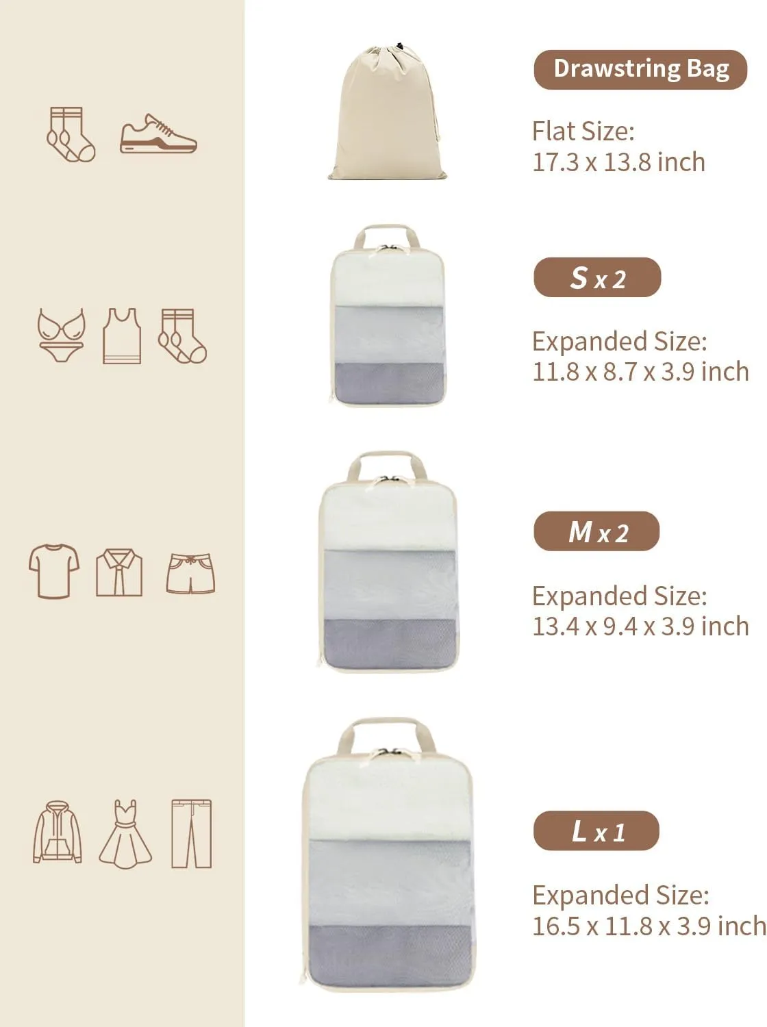 ECOHUB 6 Set Compression Packing Cubes, Lightweight Beach Vacation Travel Essentials Durable Travel Accessories for Suitcase Carry On Luggage Organizer Bags with YKK Zippers Shoe Bag, Beige