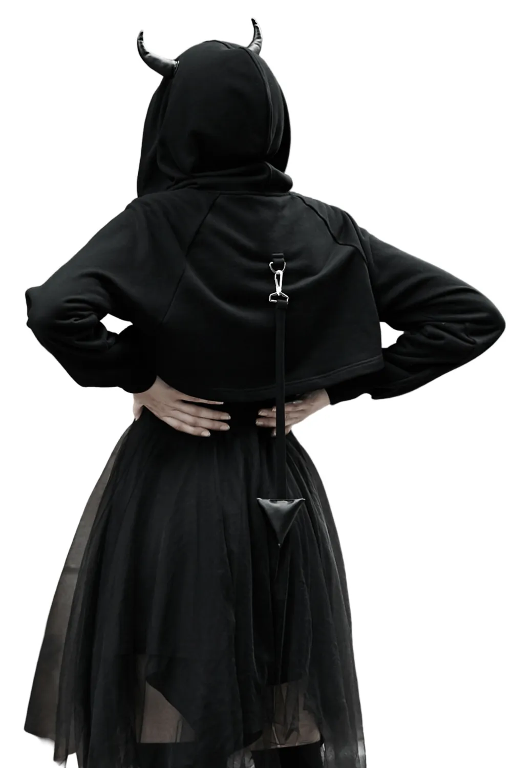 Edgy Black Crop Hoodie with Devil Horns and Tail