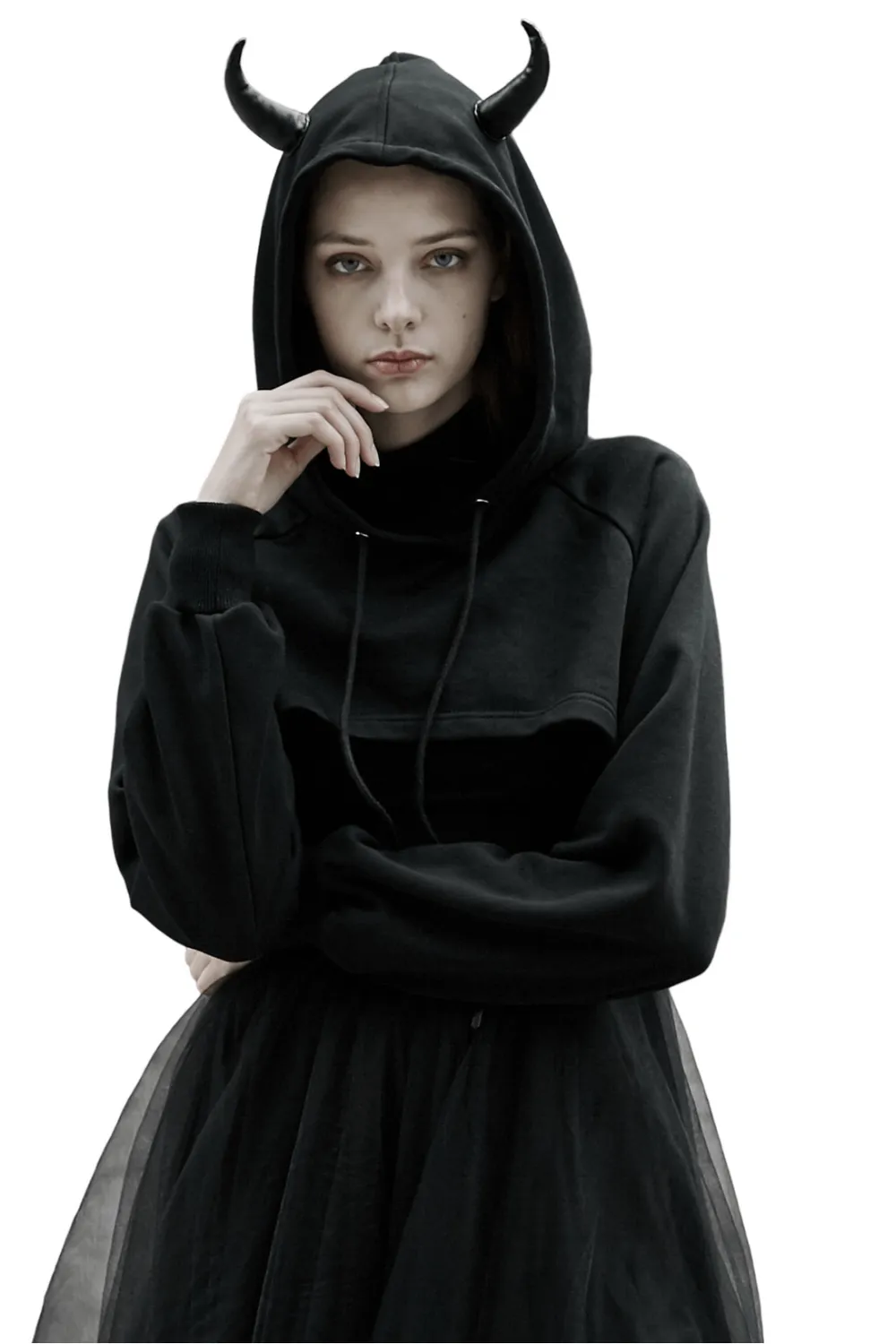 Edgy Black Crop Hoodie with Devil Horns and Tail