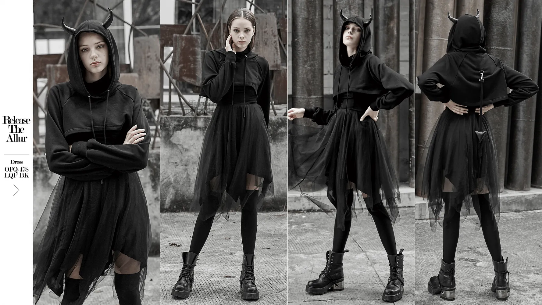 Edgy Black Crop Hoodie with Devil Horns and Tail