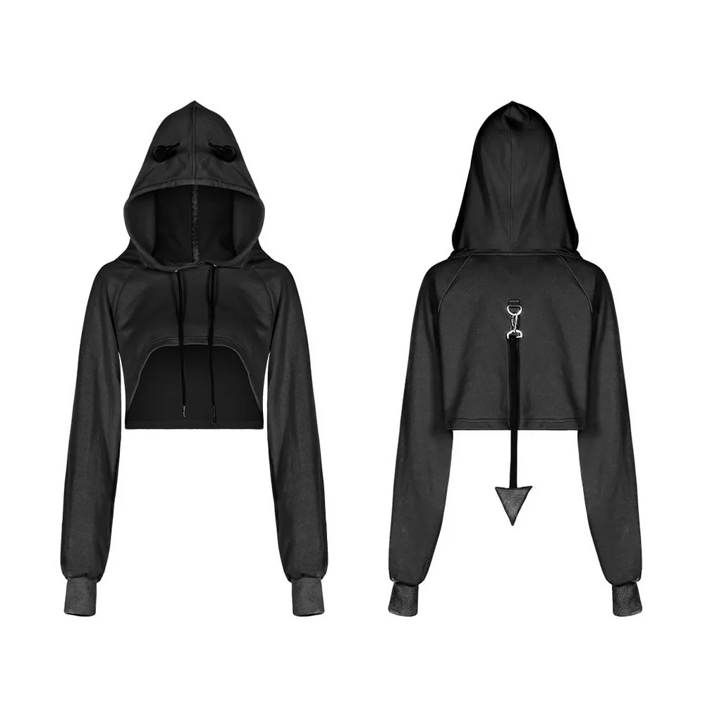 Edgy Black Crop Hoodie with Devil Horns and Tail