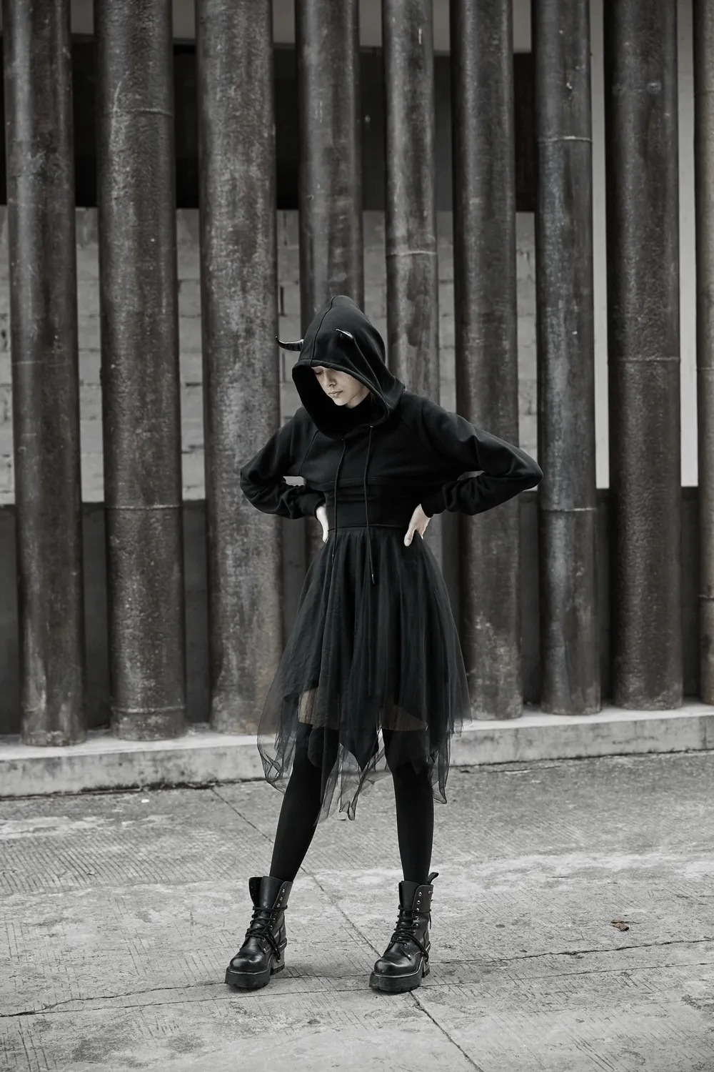 Edgy Black Crop Hoodie with Devil Horns and Tail