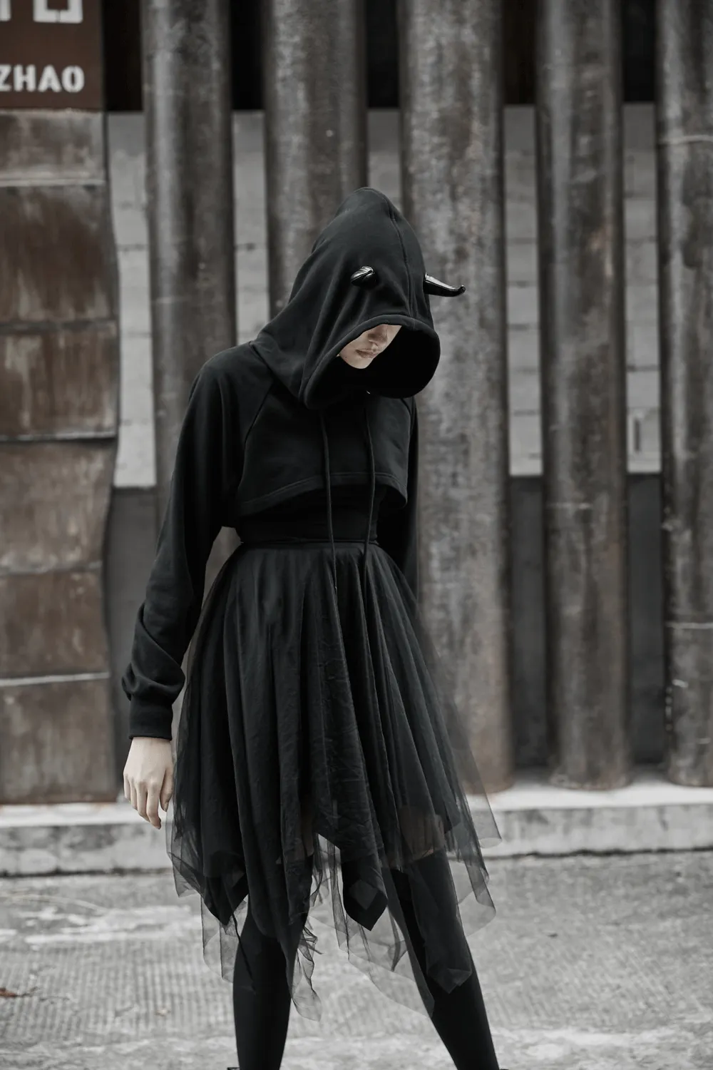 Edgy Black Crop Hoodie with Devil Horns and Tail