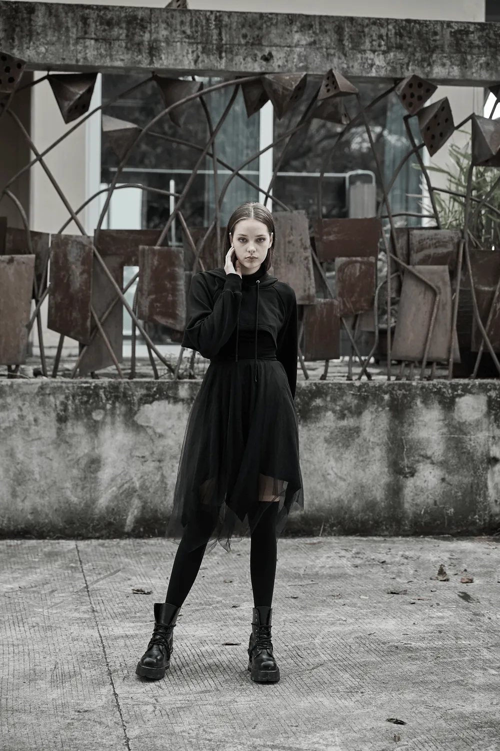Edgy Black Crop Hoodie with Devil Horns and Tail
