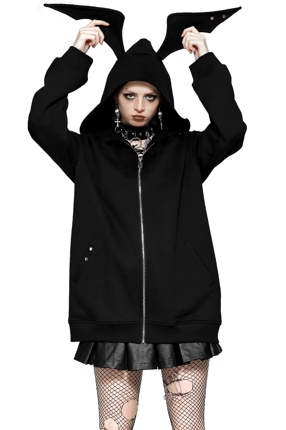 Edgy Gothic Batwing Zip-Up Loose Hoodie for Women