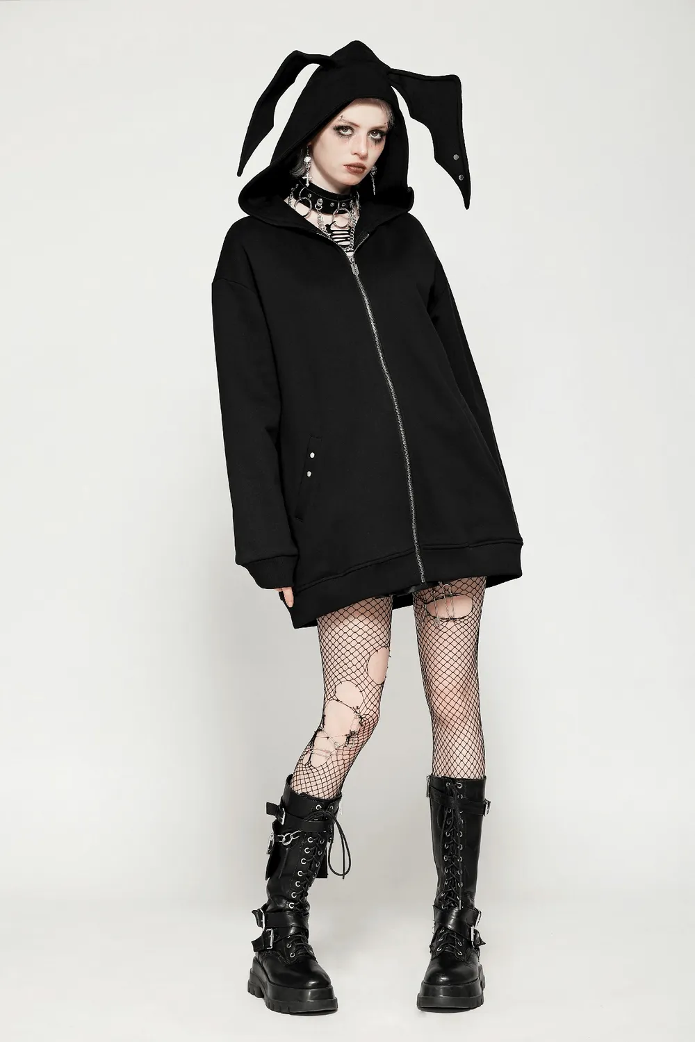 Edgy Gothic Batwing Zip-Up Loose Hoodie for Women