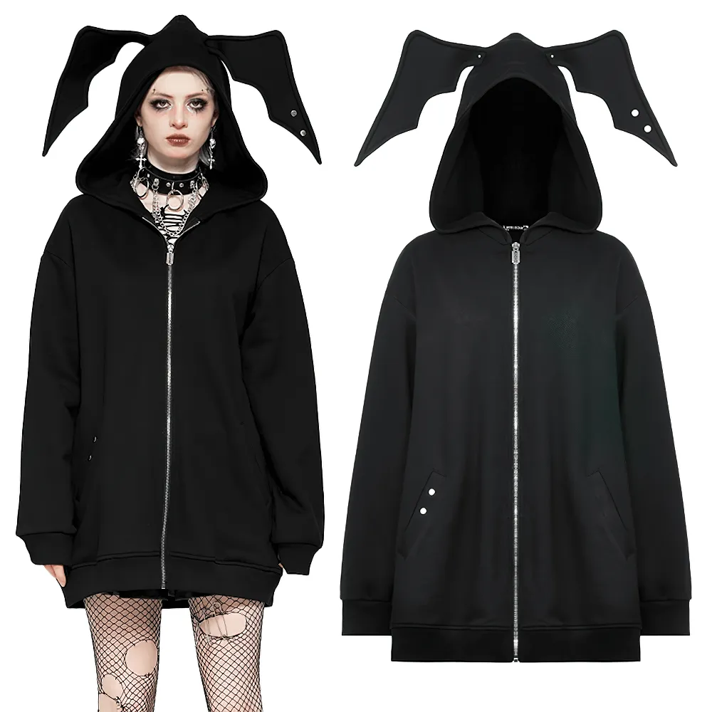 Edgy Gothic Batwing Zip-Up Loose Hoodie for Women