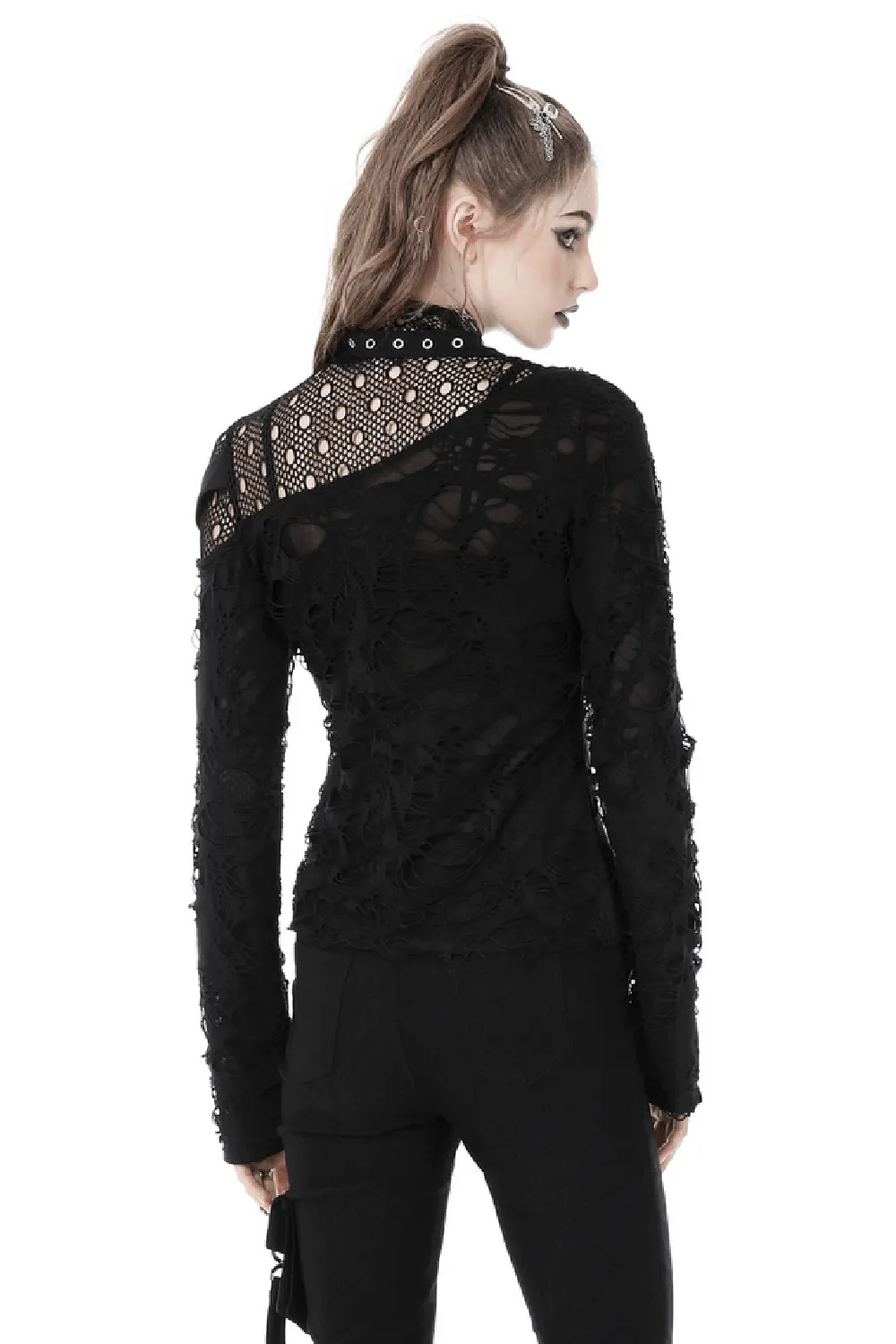 Edgy Grunge Deconstructed Mesh Sweatshirt with Buckle Accents