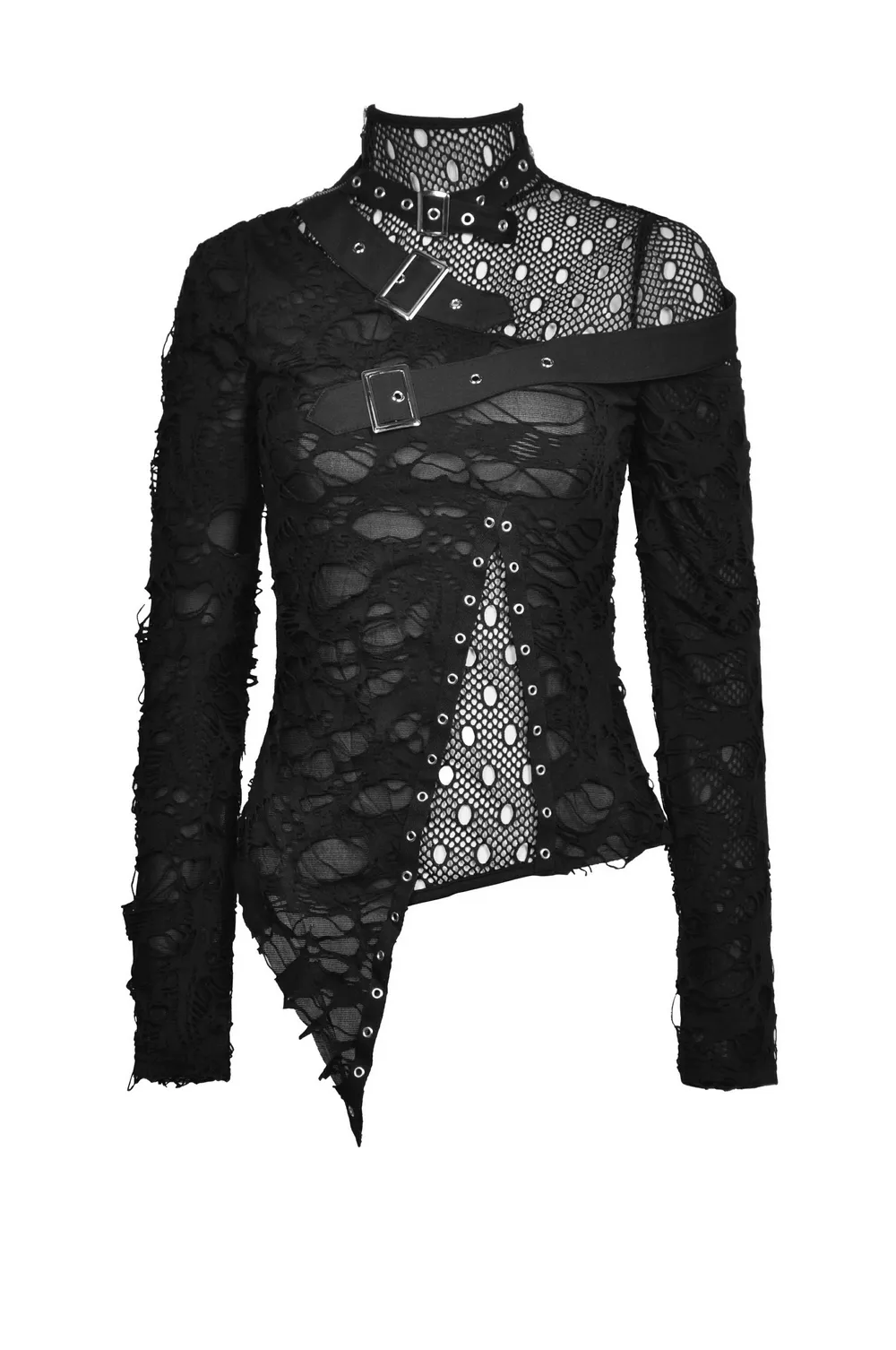 Edgy Grunge Deconstructed Mesh Sweatshirt with Buckle Accents