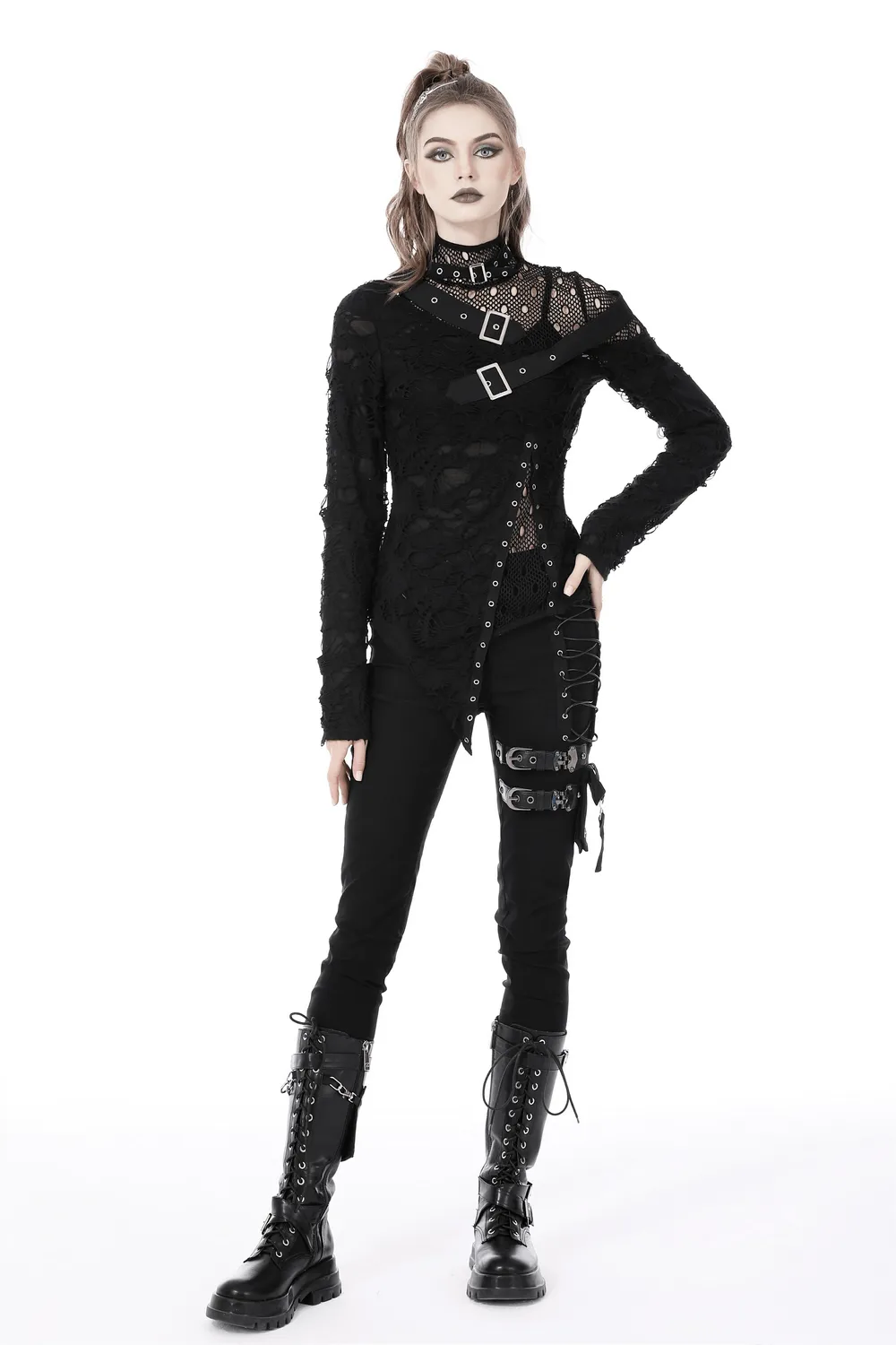 Edgy Grunge Deconstructed Mesh Sweatshirt with Buckle Accents