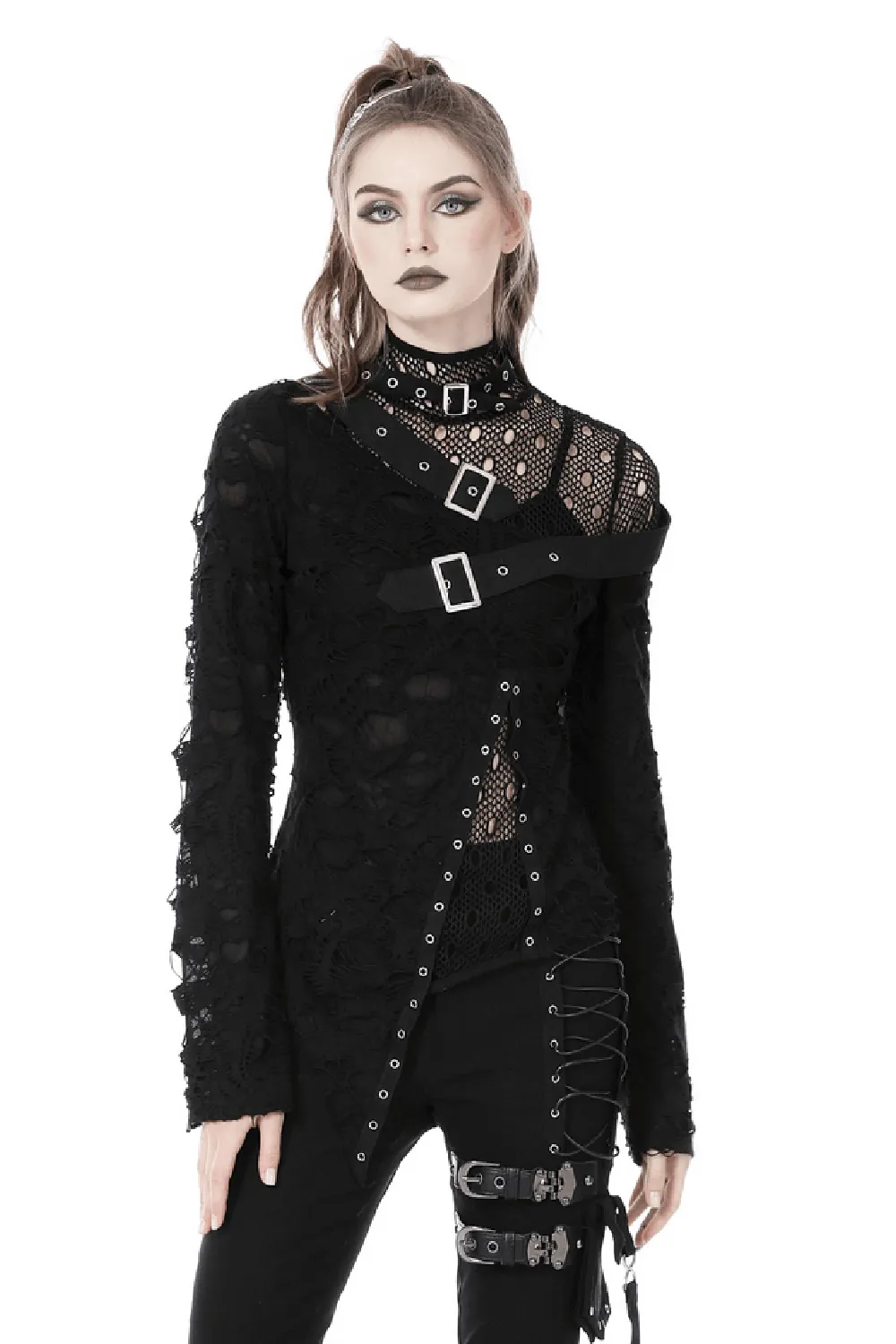 Edgy Grunge Deconstructed Mesh Sweatshirt with Buckle Accents