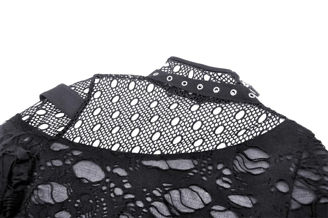 Edgy Grunge Deconstructed Mesh Sweatshirt with Buckle Accents