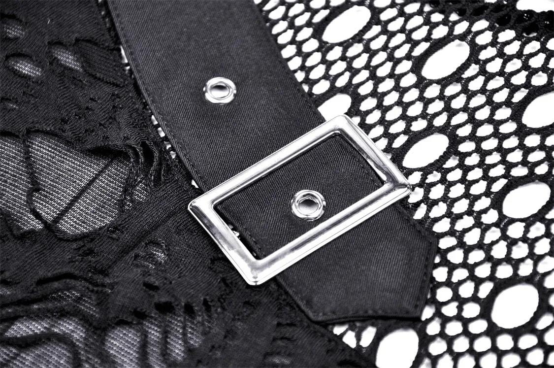 Edgy Grunge Deconstructed Mesh Sweatshirt with Buckle Accents