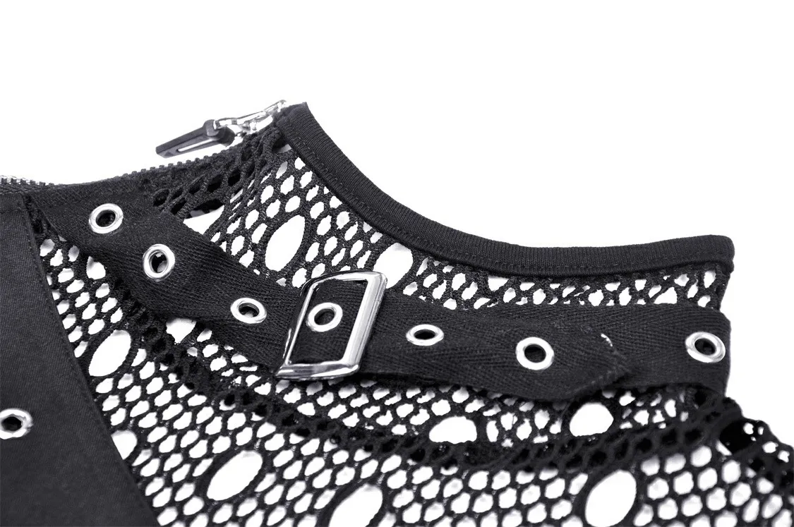 Edgy Grunge Deconstructed Mesh Sweatshirt with Buckle Accents