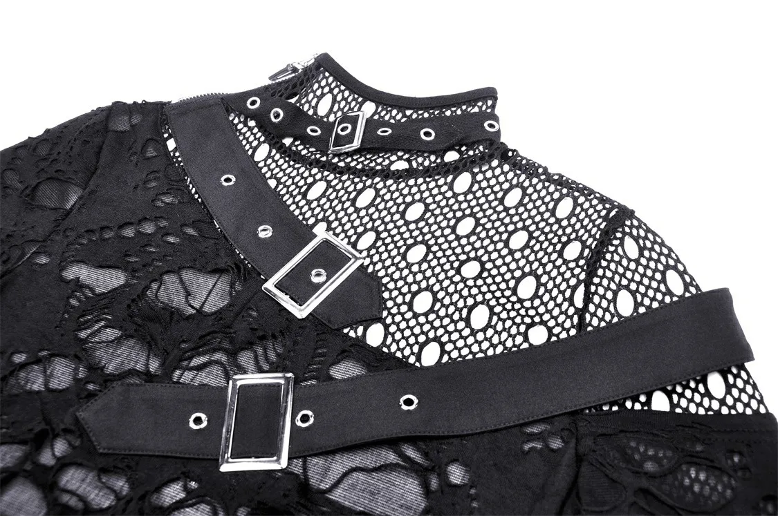 Edgy Grunge Deconstructed Mesh Sweatshirt with Buckle Accents