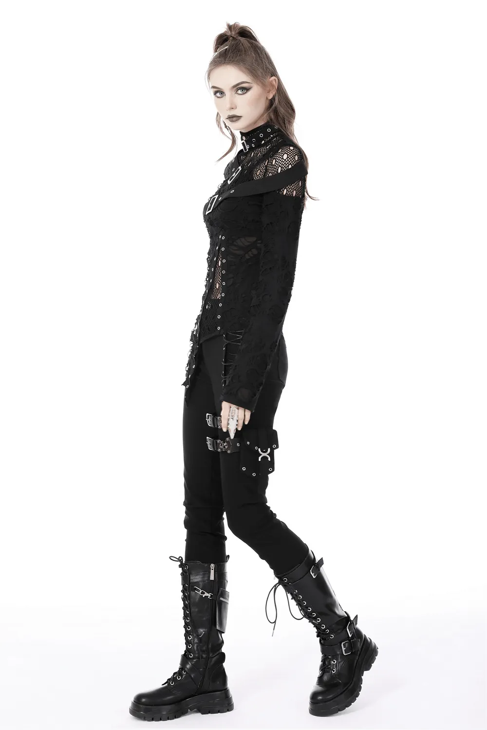 Edgy Grunge Deconstructed Mesh Sweatshirt with Buckle Accents