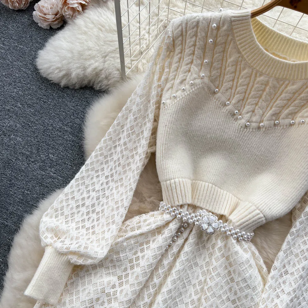 Elegant Beaded Lace Knitted White Dress