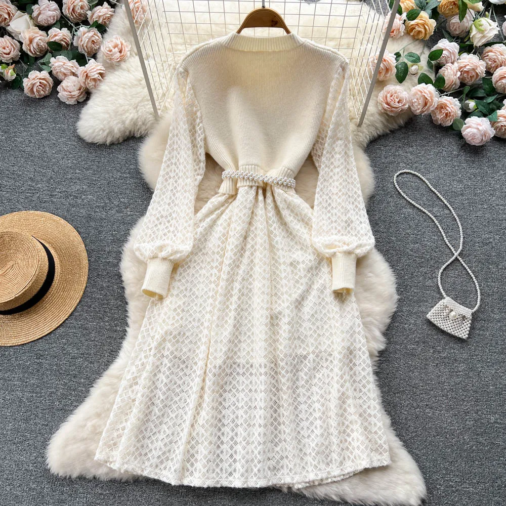 Elegant Beaded Lace Knitted White Dress