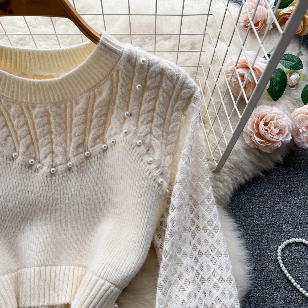 Elegant Beaded Lace Knitted White Dress