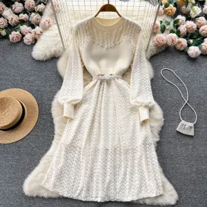 Elegant Beaded Lace Knitted White Dress