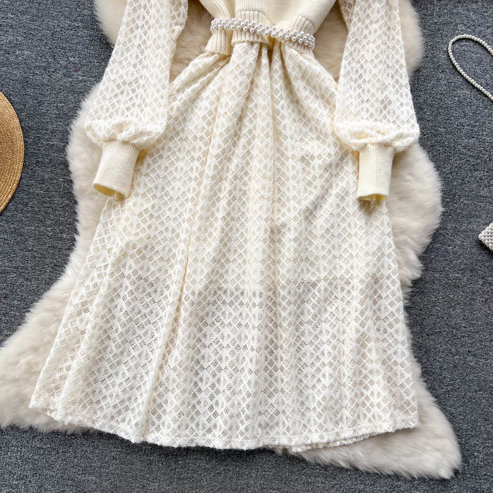 Elegant Beaded Lace Knitted White Dress