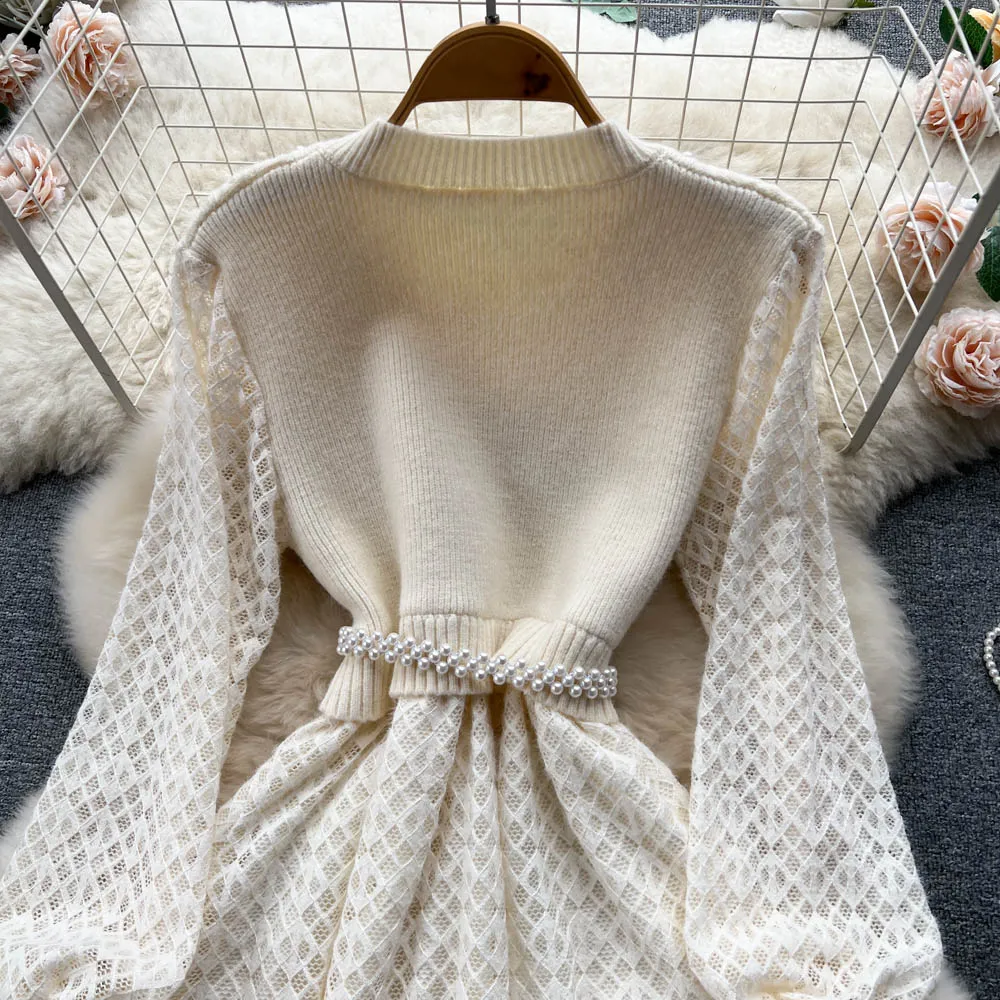 Elegant Beaded Lace Knitted White Dress