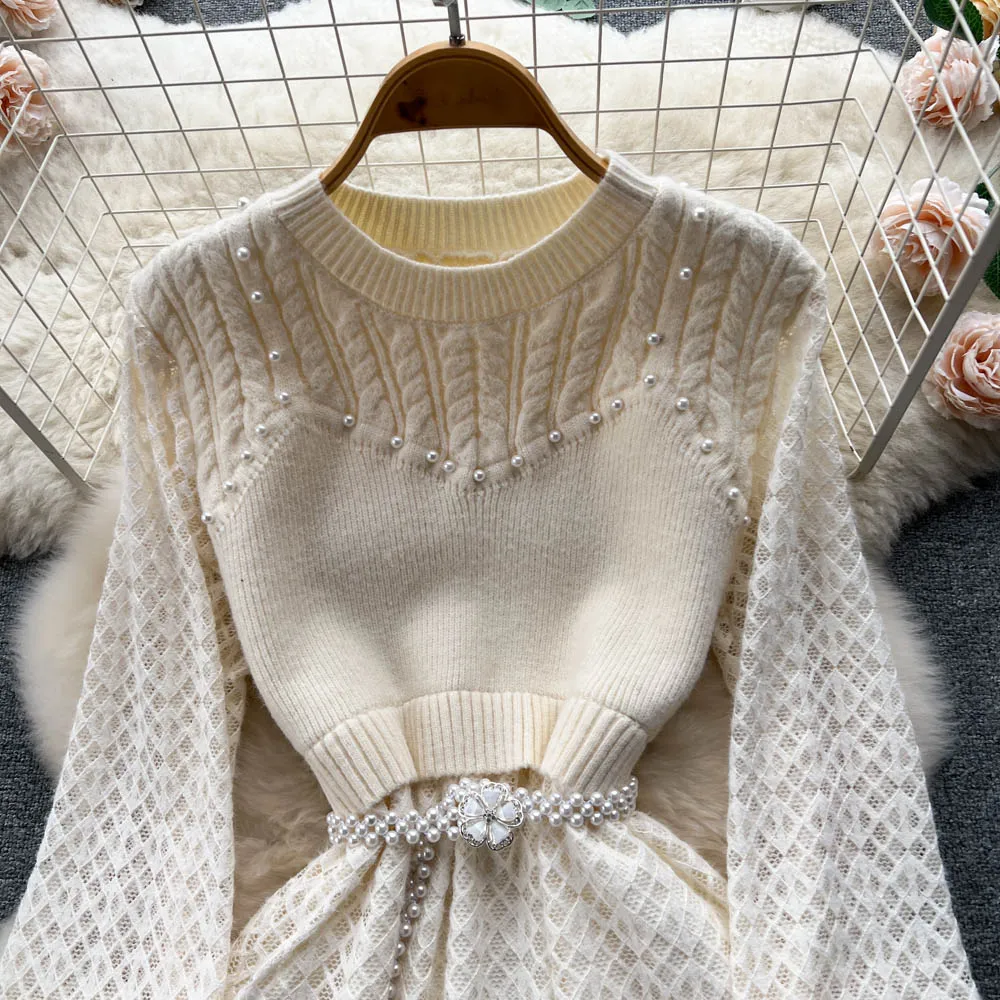 Elegant Beaded Lace Knitted White Dress