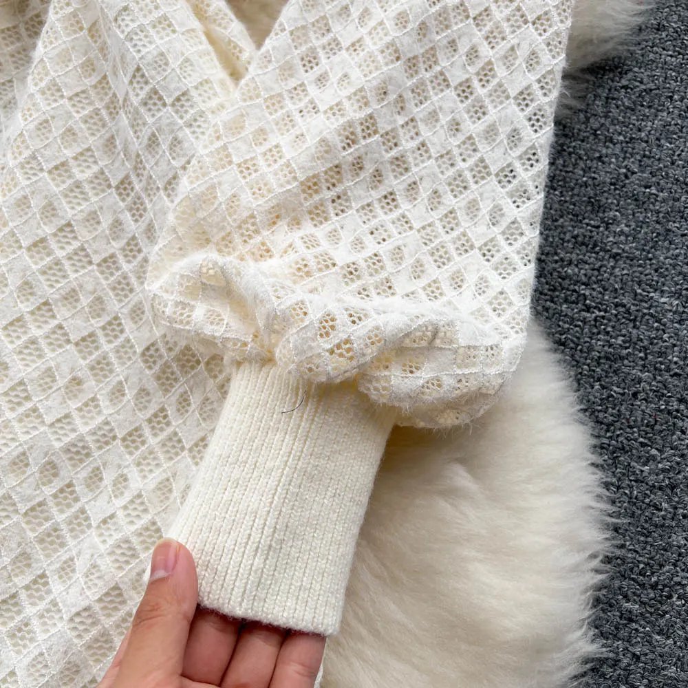 Elegant Beaded Lace Knitted White Dress