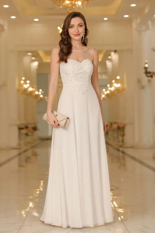 Elegant Chiffon Sleevless Evening Dress Scoop Neck Lace Apliques Bridesmaid Dress