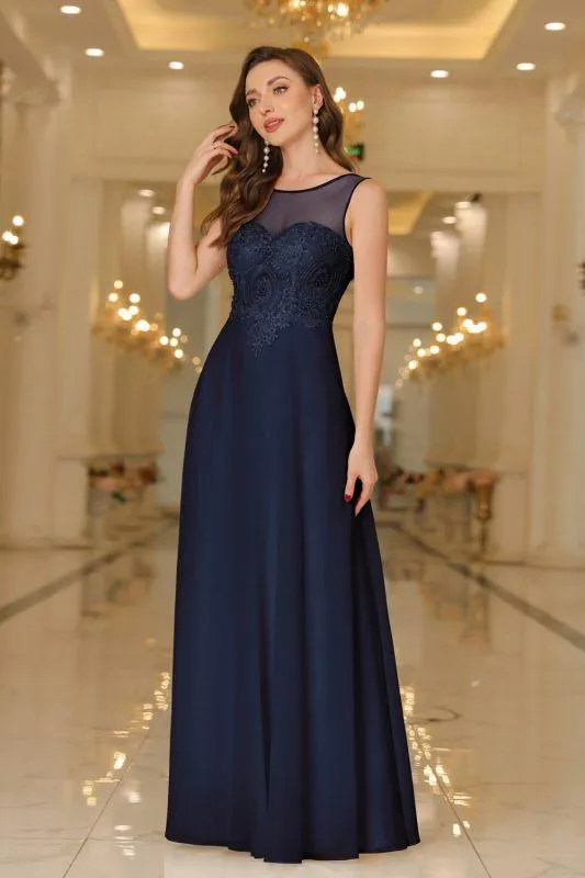 Elegant Chiffon Sleevless Evening Dress Scoop Neck Lace Apliques Bridesmaid Dress