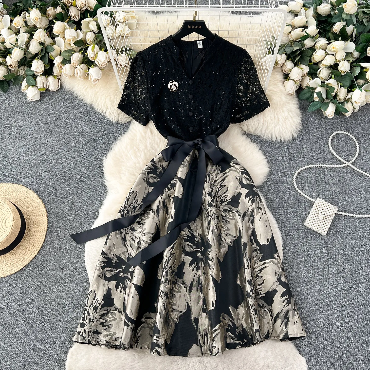 Elegant Hollowed Patchwork Lace Dress