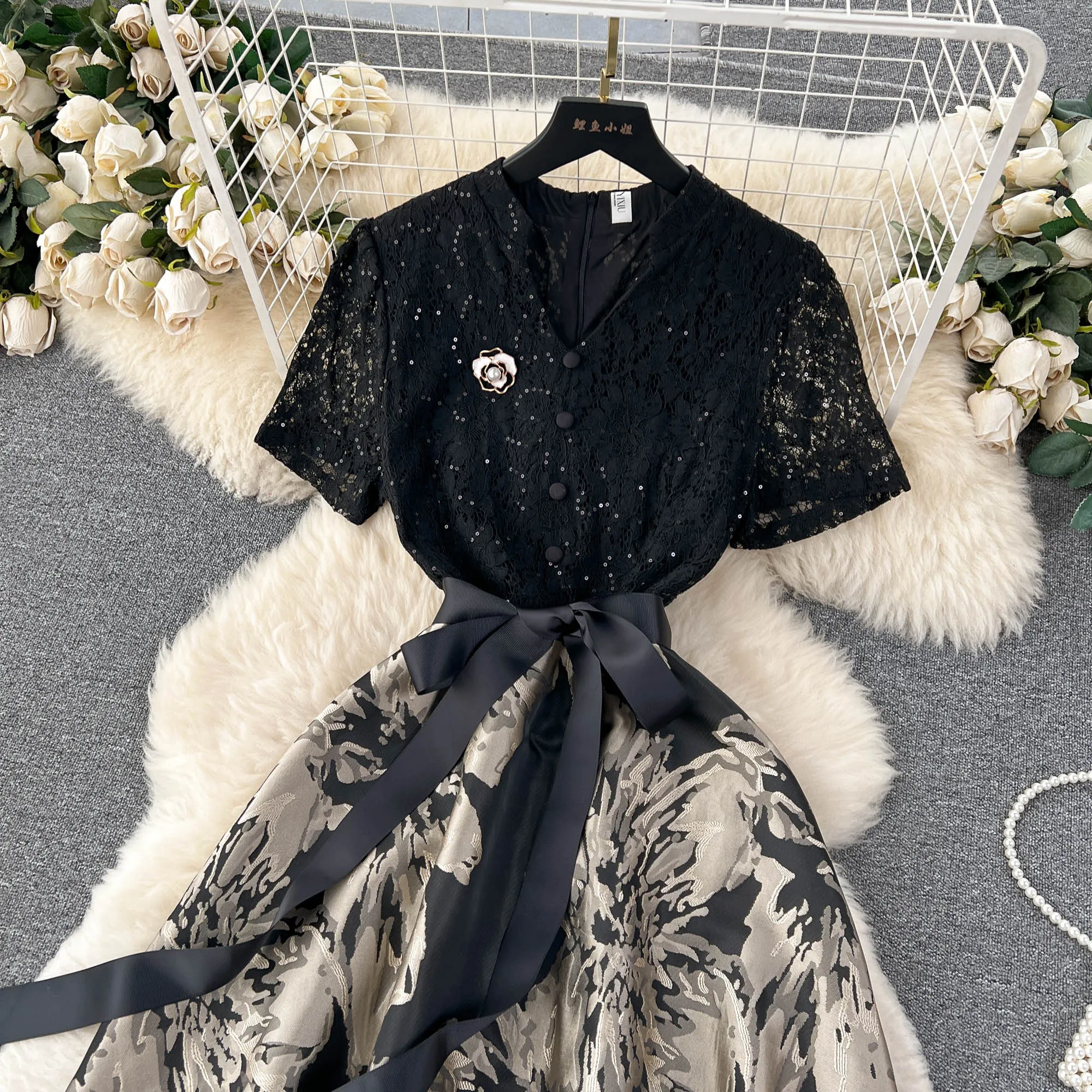 Elegant Hollowed Patchwork Lace Dress