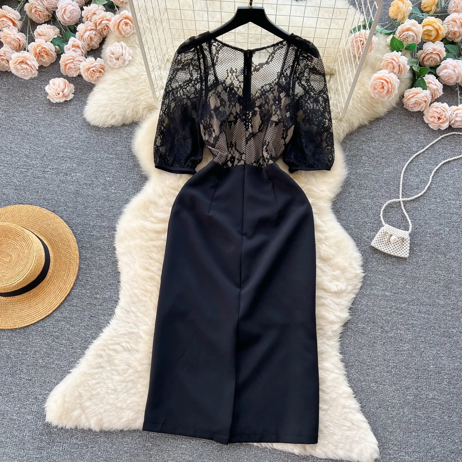 Elegant Patchwork Black Lace Dress