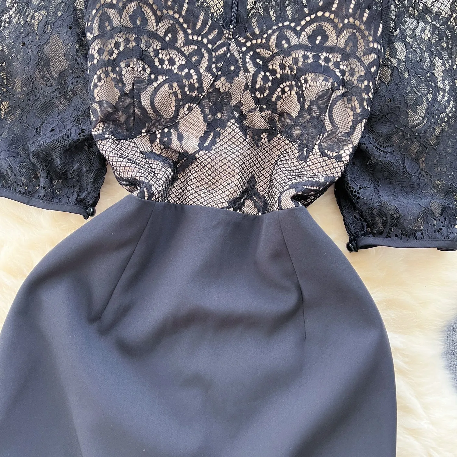 Elegant Patchwork Black Lace Dress
