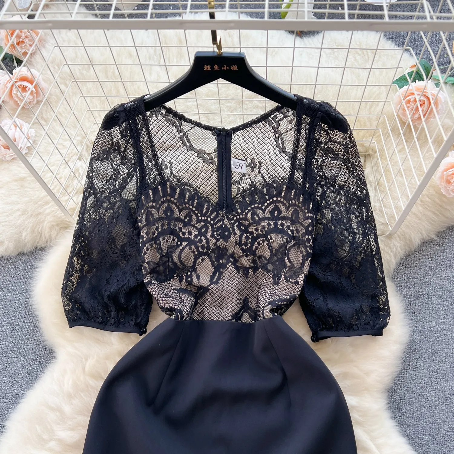 Elegant Patchwork Black Lace Dress