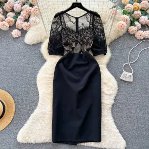 Elegant Patchwork Black Lace Dress