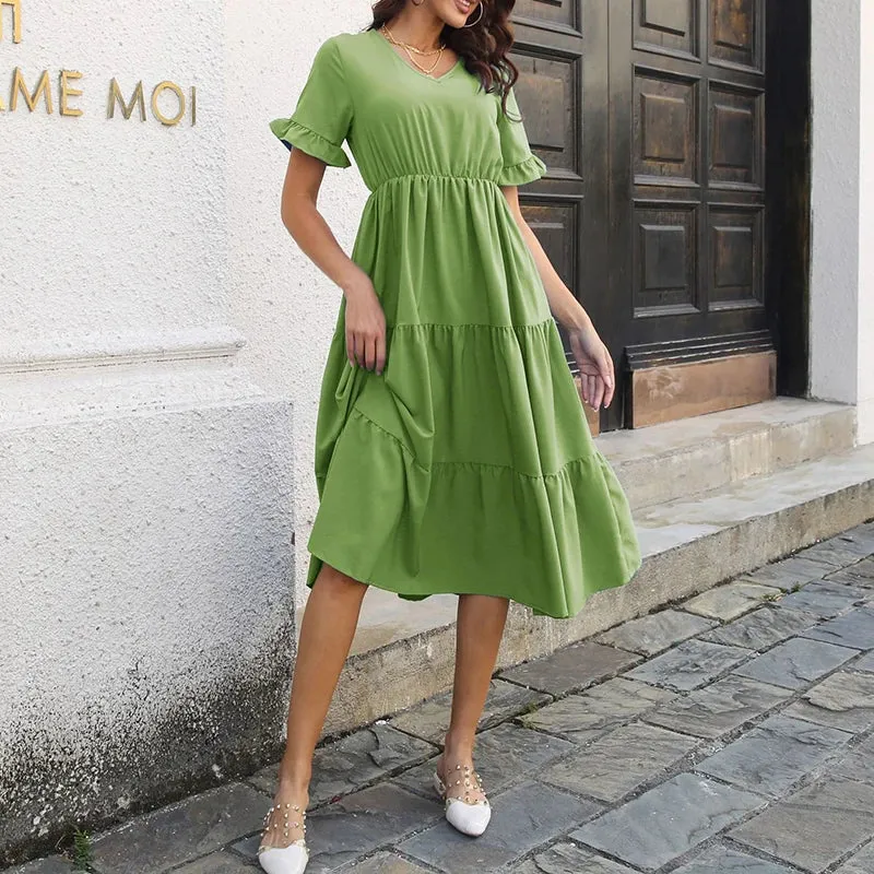 Elegant Ruffle Short Sleeve V-Neck Solid Color Layered Swing A-line Midi Dress