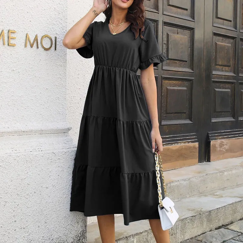 Elegant Ruffle Short Sleeve V-Neck Solid Color Layered Swing A-line Midi Dress